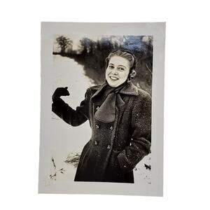 Vtg Pretty Young Lady Enjoying Snow Day Monochrome Photography Found Snapshot